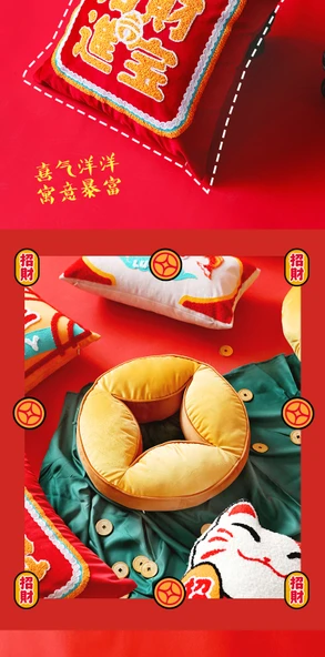 Çin Tarzı Düğün Yastık Kılıfı - Bakır Para Desenli 40x40cm - Yastık ve Kılıf Seti - Resim 11