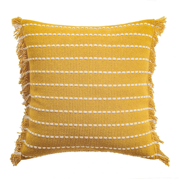 Sarı Beyaz Püsküllü Kare Yastık Kılıfı 45x45cm - İç Dolgusuz