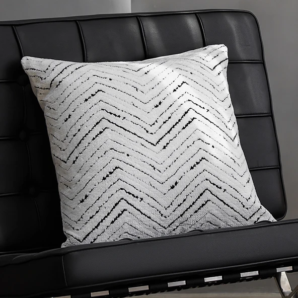 Şönil Geometrik Siyah Beyaz Desenli Yastık Kılıfı - Beyaz 50x50cm - İç Dolgusuz
