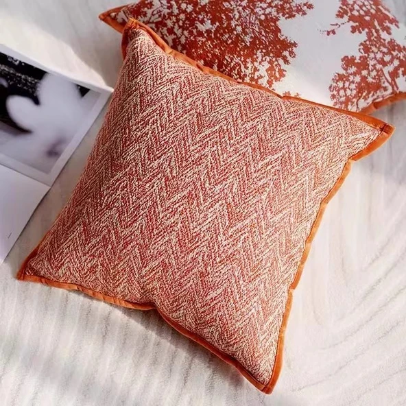 Turuncu Dekoratif Yastık Kılıfı 45x45 cm - Turuncu Kenar 1 Dalga Desenli / İç Dolgusuz