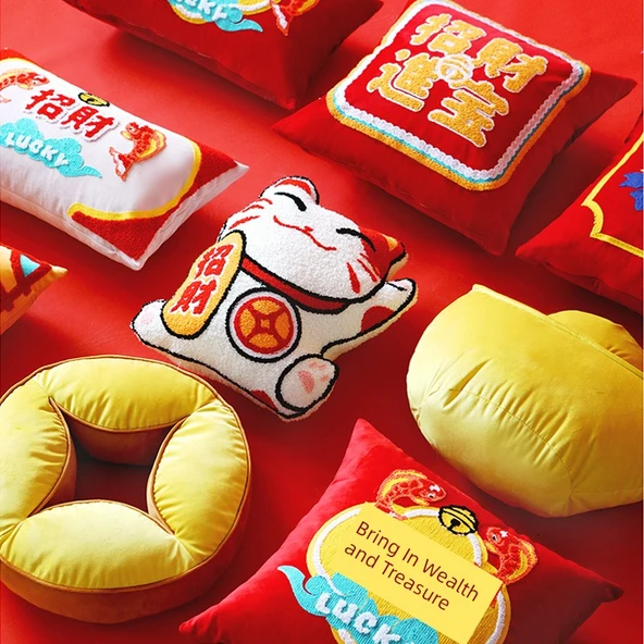 Çin Tarzı Düğün Yastık Kılıfı - Bakır Para Desenli 40x40cm - Yastık ve Kılıf Seti - Resim 4