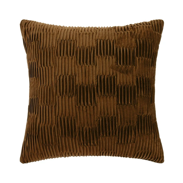 İskandinav Modern Yastık Kılıfı - Kahverengi Dikey Büzgülü Kare 45x45cm - Kılıf + İç Dolgu