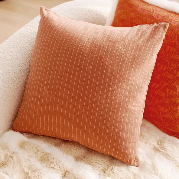 Retro Fransız Tarzı Yastık Kılıfı - Kırmızı Çizgili 1 Kare 45x45cm - Yastık Kılıfı + İç Dolgu