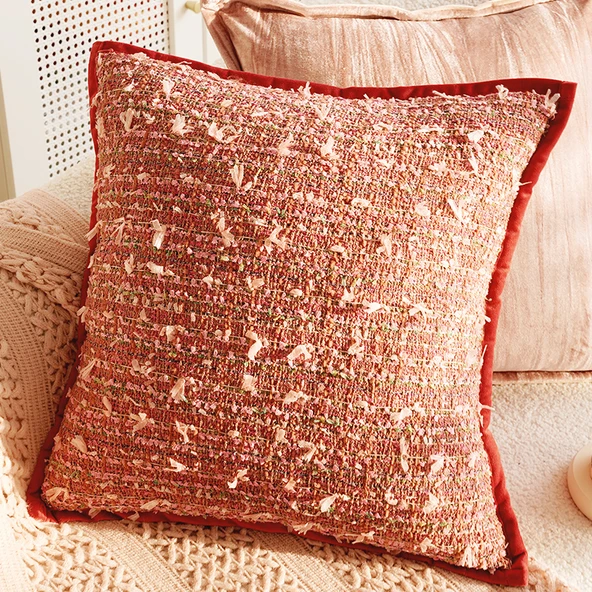 Retro Fransız Tarzı Yastık Kılıfı - Kırmızı Kenarlı Kırmızı Çiçek Desenli Kare 45x45cm - Sadece Yastık Kılıfı