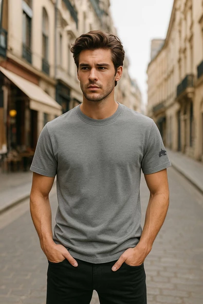 Erkek Bisiklet Yaka Basic Düz Kısa Kollu Gri T-shirt - 5