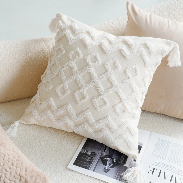 Çiçek Desenli Salon Koltuk Yastık Kılıfı - Beyaz Döngü Kadife Izgara Kare 45x45cm - Kılıf + İç Dolgu