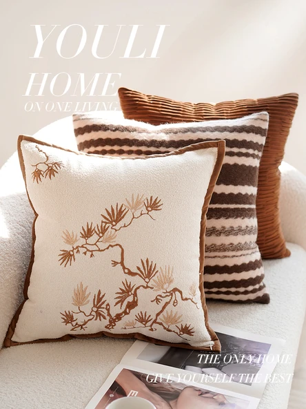 Beyaz Yan Krem Balıksırtı Desenli Yastık Kılıfı 45x45cm - Kılıf + İç Dolgu - 6