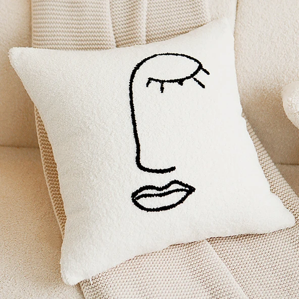 İskandinav Tarzı Teddy Kadife Yüz Desenli Yastık Kılıfı 45x45 - İç Dolgulu