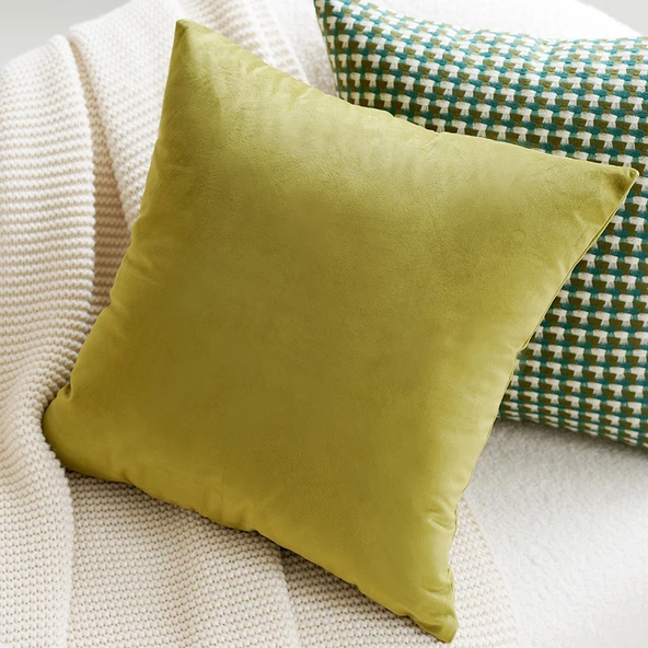 Yeşil Kadife Çiçekli Kare Yastık Kılıfı - Yosun Yeşili 45x45cm - Kılıf + İç Dolgu