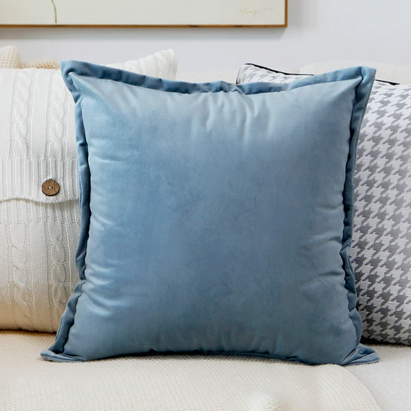 Nordik Minimalist Mavi Yastık Kılıfı - Açık Mavi Kenarlı 45x45cm - Kılıf + İç Dolgu