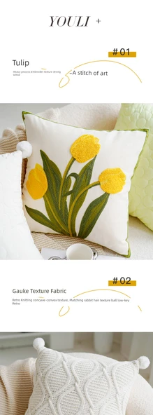 Çiçekli Lale Desenli Yastık Kılıfı - Süt Beyazı Büyük Taneli Mısır Yünü 45x45cm - İç Dolgusuz - 10