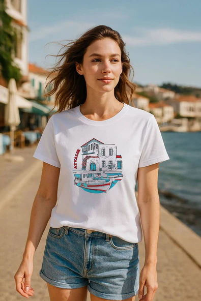 Kadın Bisiklet Yaka %100 Pamuk Ayvalık Baskılı Kısa Kollu T-Shirt