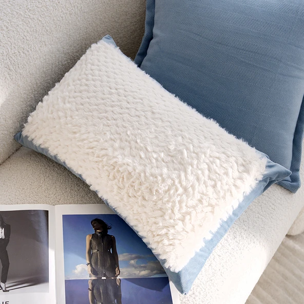 Nordik Minimalist Mavi Yastık Kılıfı - Açık Mavi Yamalı Beyaz Dolgulu Dikdörtgen 30x50cm - Kılıf + İç Dolgu