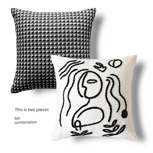Lüks Soyut Desenli Yastık Kılıfı - Teddy Kadife Picasso + 45x45 Siyah Noktalı - İç Dolgulu