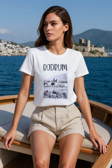 Kadın Bisiklet Yaka %100 Pamuk Bodrum Baskılı Kısa Kollu T-Shirt ürün görseli 1