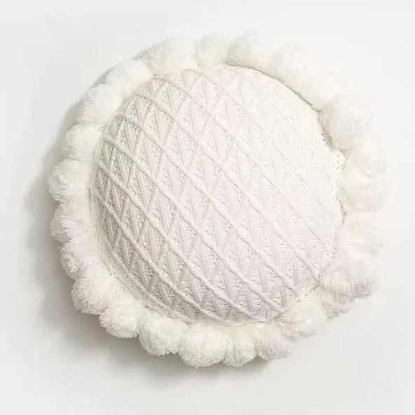 Açık Sarı Beyaz Örme Yuvarlak Yastık 35x55cm - Kılıf ve Dolgu Seti