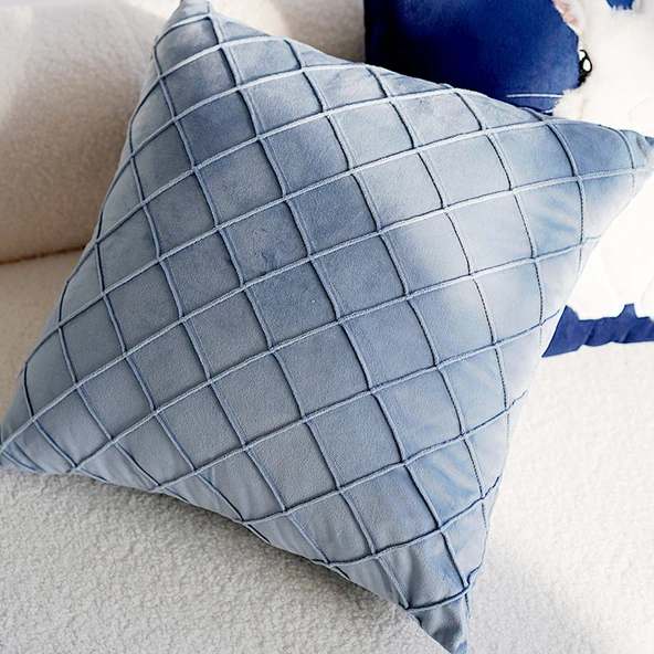 İskandinav Modern Peluş Hayvan Çiçek Minder - Açık Mavi Gingham Büzgülü 45x45 - Sadece Kılıf
