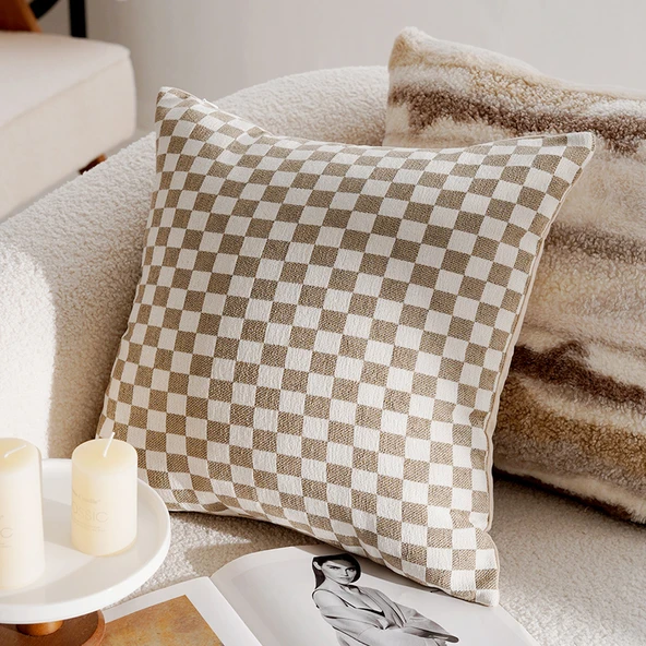 Haki Kareli Dekoratif Yastık Kılıfı 45x45cm - Sadece Kılıf