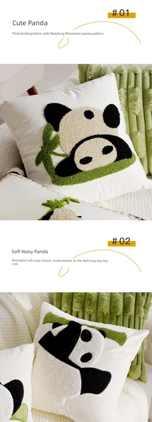 Sevimli Panda Yastık Kılıfı - Yamalı Bambu Yuvarlanan Panda 45x45cm - Kılıf ve İç Dolgu - 10