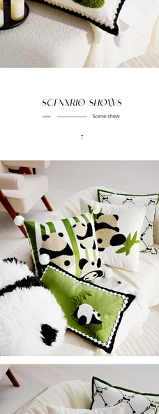 Sevimli Panda Yastık Kılıfı - Yamalı Bambu Yuvarlanan Panda 45x45cm - Kılıf ve İç Dolgu - 12