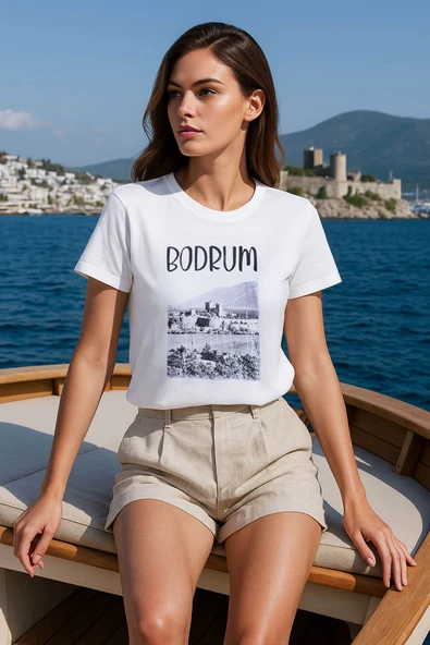 Kadın Bisiklet Yaka %100 Pamuk Bodrum Baskılı Kısa Kollu T-Shirt