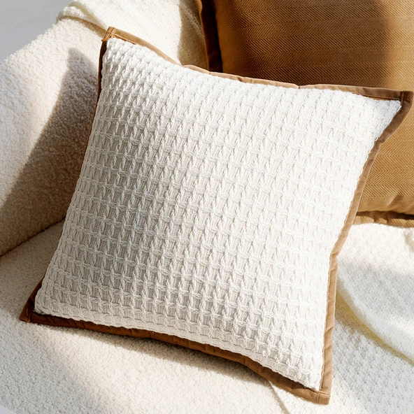 Bohem Tarzı Kahverengi Yastık Kılıfı - Kahverengi Kenarlı Tweed Tarzı Beyaz Gingham 45x45cm / Kılıf + İç Dolgu