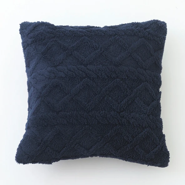 Düz Renk Kablo Dikişli Kapitone Peluş Yastık Kılıfı - Tibet Mavi Tavşan Tüyü Kare 30x50cm (Sadece Kılıf)