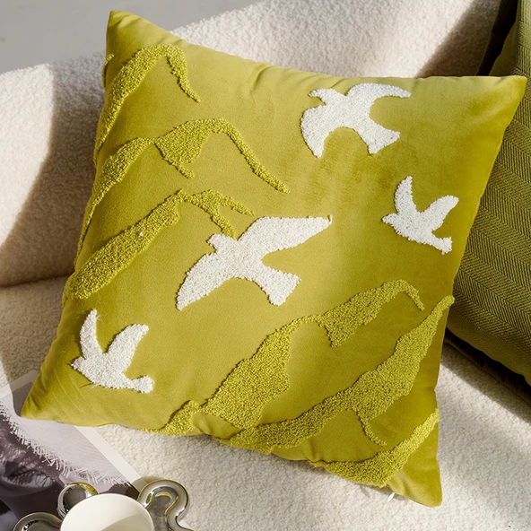 Bambu Yaprağı Desenli Yastık Kılıfı - Yeşil Dağ Kuşlu Kare 45x45cm - Kılıf + İç Dolgu