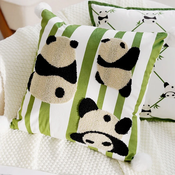 Sevimli Panda Çocuk Yastık Kılıfı - Yeşil Çoklu Panda 45x45 cm - Sadece Kılıf