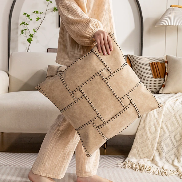 Modern Minimalist Dikişli Yastık Kılıfı - Kahverengi Plaj Dolgulu Kare 45x45cm - Sadece Kılıf - 6