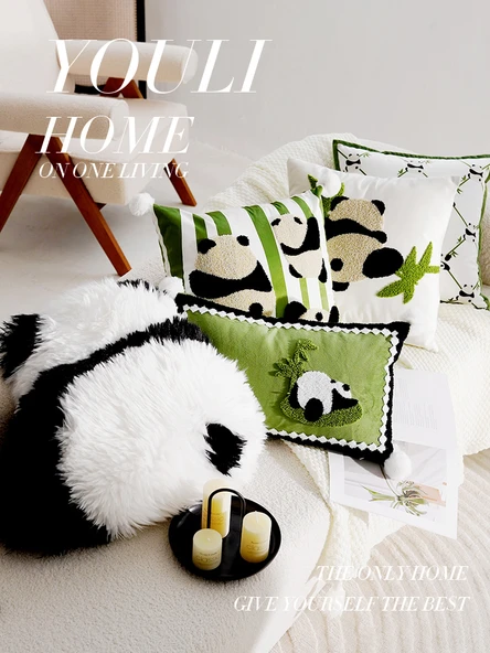 Sevimli Panda Çocuk Yastık Kılıfı - Yama Desenli Bambu Panda 45x45 cm - Kılıf ve İç Dolgu - 2