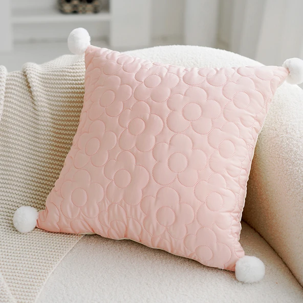 Sevimli Çizgi Film Hayvanlı Çocuk Odası Yastık Kılıfı - Pembe Çiçekli Kare 45x45cm - Kılıf + İç Dolgu