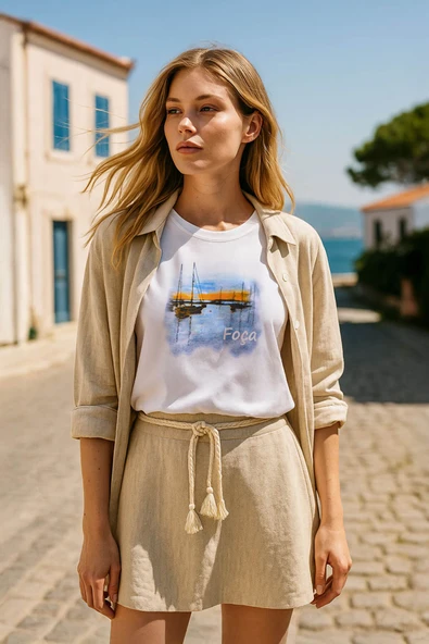 Kadın Bisiklet Yaka %100 Pamuk Foça Baskılı Kısa Kollu T-Shirt