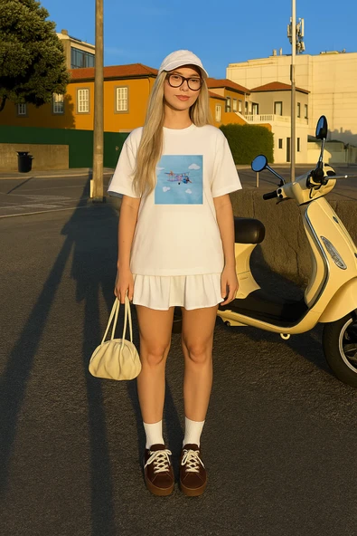 Kadın Bisiklet Yaka %100 Pamuk Helikopter Baskılı Kısa Kollu T-Shirt ürün görseli 1