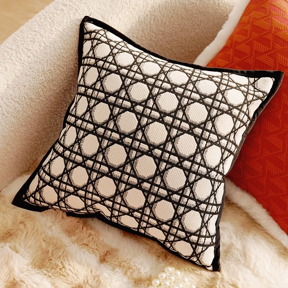 Dekoratif Kırlent Kılıfı - Siyah Diana Izgara Desenli Kare 45x45 cm - Sadece Kılıf