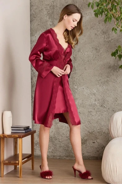 PİERRE CARDİN 6010 Bordo Kısa Gecelikli Saten 6 Lı Çeyiz Seti - Resim 11