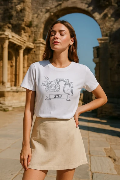 Kadın Bisiklet Yaka %100 Pamuk Side Baskılı Kısa Kollu T-Shirt ürün görseli 1