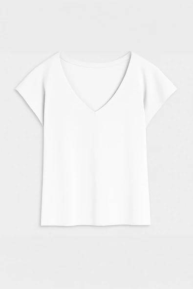 Kadın V Yaka Kısa Kollu İnce Esnek T-Shirt - Resim 2