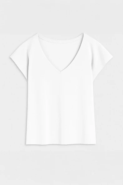 Kadın V Yaka Kısa Kollu İnce Esnek T-Shirt