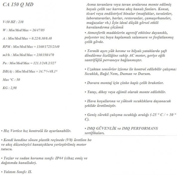 Vortice CA 150 Q MD Konut Ticari Endüstriyel Mağaza Havalandırma Fanı Max. 470 m3/h Yuvarlak Kanal Tipi Fan AGMair Agm Hava - 6