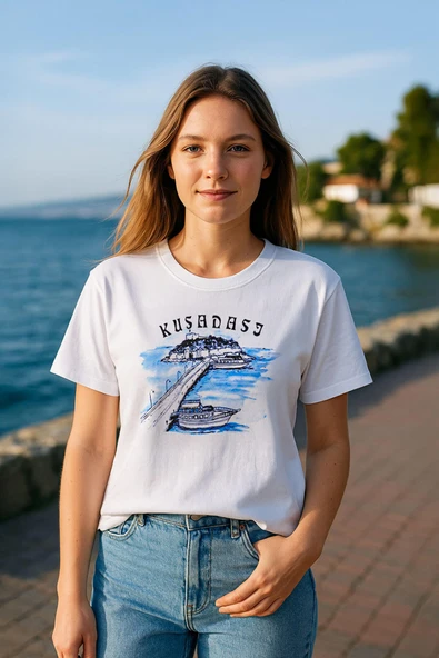Kadın Bisiklet Yaka %100 Pamuk Mavi Kuşadası Baskılı Kısa Kollu T-Shirt ürün görseli 1