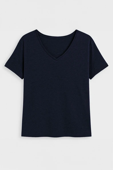 Kadın V Yaka Kısa Kollu İnce Esnek T-Shirt - 5
