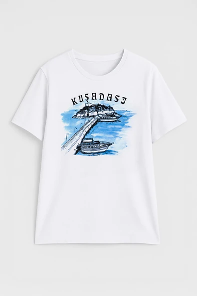Kadın Bisiklet Yaka %100 Pamuk Mavi Kuşadası Baskılı Kısa Kollu T-Shirt - 2