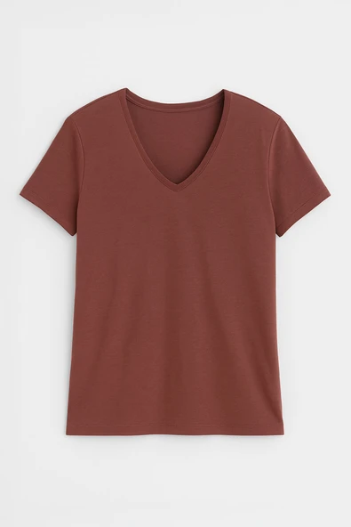 Kadın V Yaka Kısa Kollu Düz T-Shirt - Resim 5