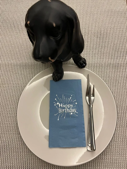 Gümüş Yaldızlı Mavi Happy Bırthday Garson Katlama Peçete 16 Adet ürün görseli 1