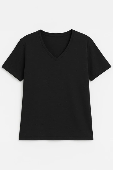 Kadın V Yaka Kısa Kollu Düz T-Shirt - Resim 12