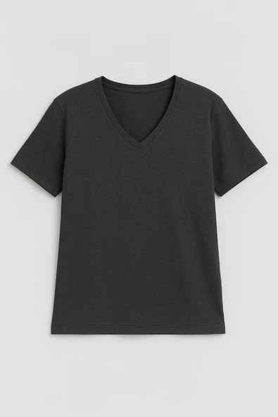 Kadın V Yaka Kısa Kollu Düz T-Shirt - Resim 11