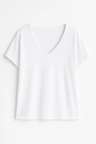 Kadın V Yaka Kısa Kollu Düz T-Shirt - 2