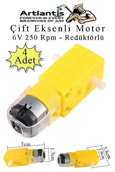 Çift Eksenli Motor Redüktörlü 6V 250 Rpm 4 Adet Sarı Dc Motor Arduino Robotik Motor Deney Okul Bilim Araba Yapım