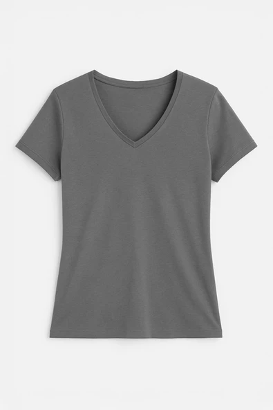 Kadın V Yaka Kısa Kollu Düz T-Shirt - Resim 8